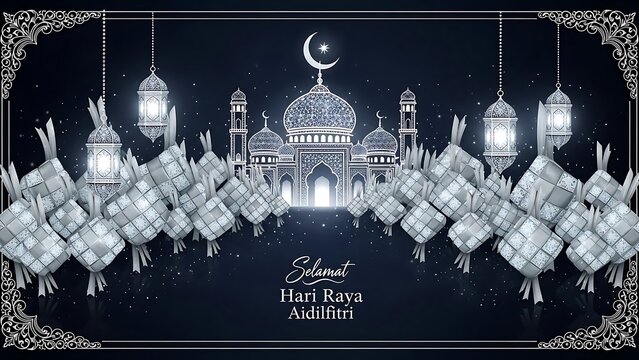 Elegant Selamat Hari Raya Aidilfitri Islamic Celebration Banner with Ketupat and Mosque.