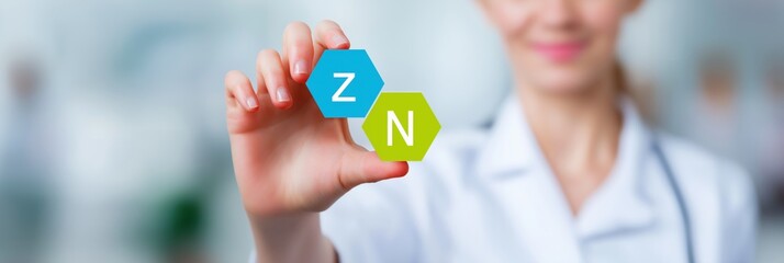 Female scientist holding molecular model with z and n labels in laboratory