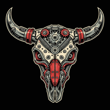 Steampunk Bull Skull Mechanical Cyborg Creature Art.