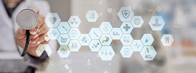 Healthcare Data Management and Digital Health Solutions Illustrated on a Virtual Screen.