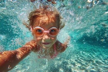 Smiling child with goggles swims underwater on a sunny day. Shows the joy of summer vacation or water sports activities.