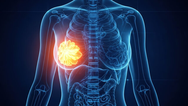 Female breast anatomy glowing orange, 3d Medical illustration, women's health, breast cancer. Dark blue background, blue glowing lines	
