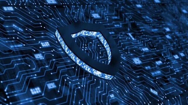 Royal blue color data protection microchip glowing data transfer cyber security 3d shield hi tech design black technology background