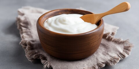 Creamy yogurt in wooden bowl with spoon on rustic fabric