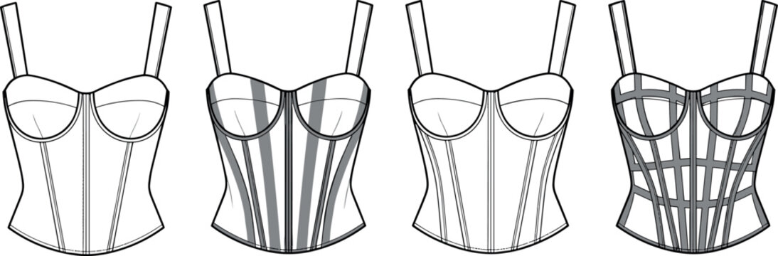 Set of four women's corset bustier top fashion flat technical drawing vector templates.