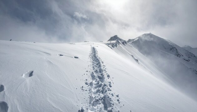 ❄️ Snowy Mountain Trail with Footprints and Misty Sunlight in High-Altitude Winter Landscape