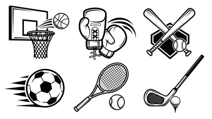 Collection of Six Different Sports Equipment Icons and Illustrations.