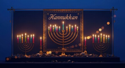 Glowing menorahs and holiday decor on a dark blue background