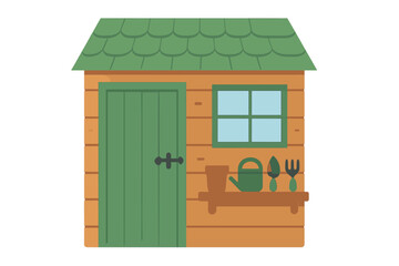 Garden shed with green roof and tools in a simple outdoor setting