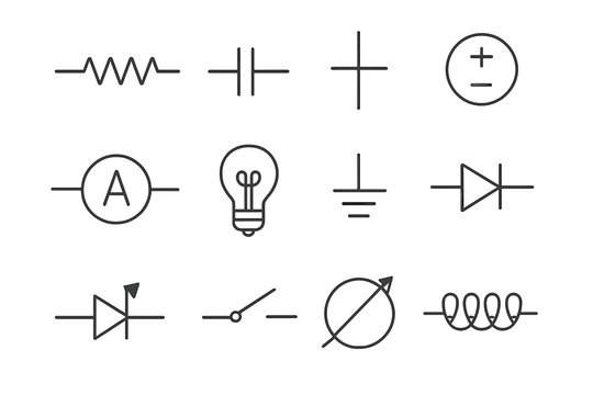 Various symbols and icons representing electrical components and circuits used in diagrams and schematics for learning and reference