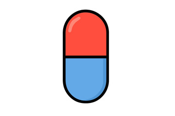 Illustration of a capsule with a red top half and a blue bottom half on a plain background showing a common medicine format