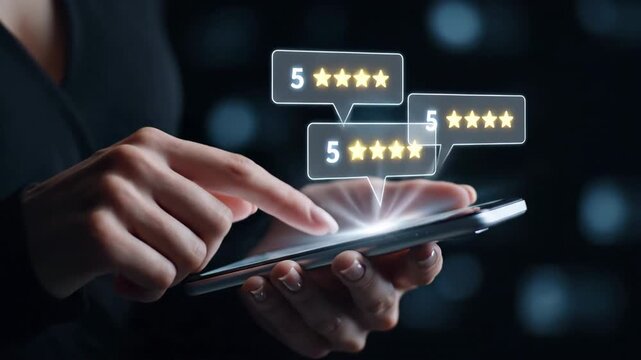 Hand using smartphone to give online star ratings feedback survey experience