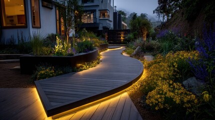 S-shaped wooden path is illuminated by concealed lights in a landscaped garden at dusk. Great for landscape design, outdoor living, or architectural beauty concepts.