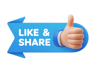 3D Blue Ribbon Banner with Thumbs Up Hand and Text Like and Share social media engagement