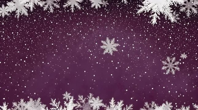 Purple background with falling snowflakes and white frosted borders, ideal for winter themes
