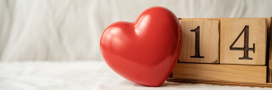Red heart shaped object next to wooden calendar blocks showing the date 14 - Powered by Adobe