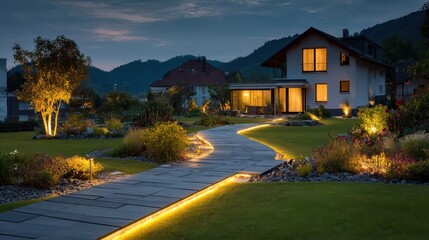 A walkway with lights leads to a house and mountains at twilight. Perfect for real estate ads and landscape architecture designs.