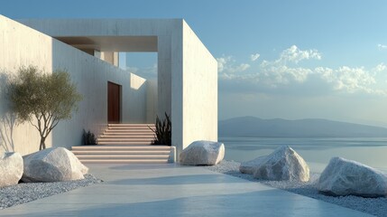 Modern home exterior with stone accents faces serene lake scenery. Use for architecture, travel, or real estate themes in your project.