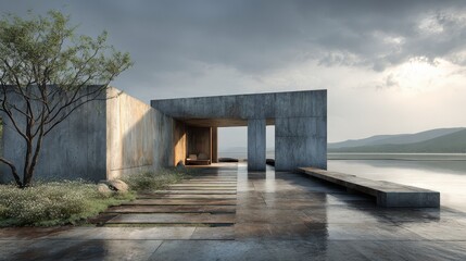 Concrete architecture with a lake view on a cloudy day, serene and calm. Use this image for design blogs or architectural journals and articles.