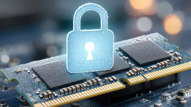 Secure Memory Chip Cooling Blue Glow Digital Padlock Protecting Sensitive Data Privacy