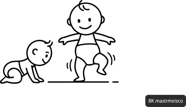 Two babies learning to crawl and walk in a simple line art illustration.
