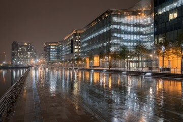 Sleek modern office buildings glow on a wet night near a canal. Depicts urban life and commercial success for advertising or background.