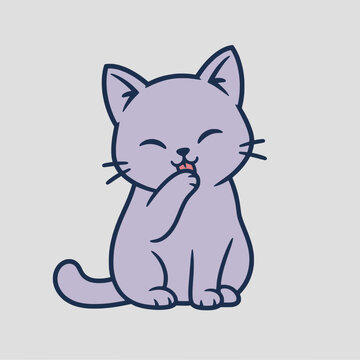 Cute purple cat licking paw with adorable expression