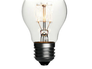 Close up of a clear glass incandescent light bulb with glowing filament isolated on a transparent background