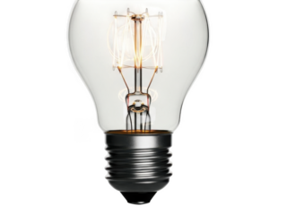 Close up of a clear glass incandescent light bulb with glowing filament isolated on a transparent background