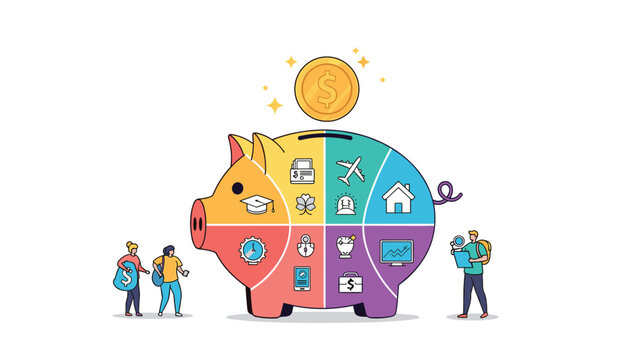 Large colorful piggy bank divided into multiple sections for different savings categories such as education, travel, and housing.