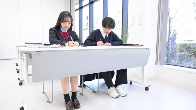学校や塾などの教室で受験対策など勉強する男子高生と女子高生の動画　高校生の大学受験イメージの全身