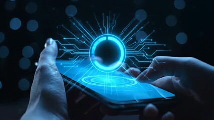 Close-up of hands interacting with a smartphone displaying a bright blue futuristic digital interface with glowing network lines. - Powered by Adobe
