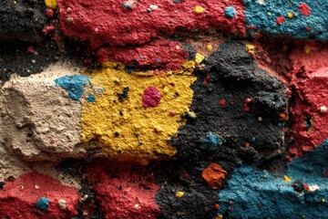 Close-up of rough surface textured blocks with splatters of red, yellow, blue and black paint. Use for background, abstract design, arts, or other creative projects.