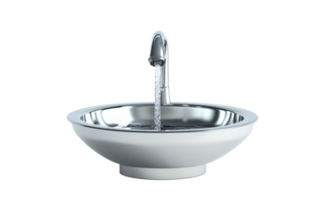 A sleek, modern stainless steel sink with water flowing from the faucet, conveying cleanliness and hygiene.