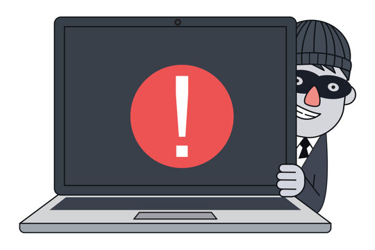 Cyber Security Warning with Hacker Spying on Laptop on white background