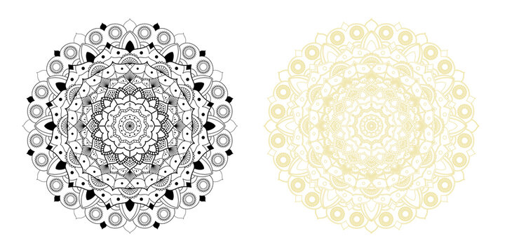 Intricate circular mandala designs in black and gold on white background transparent background