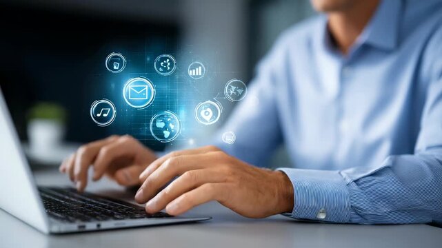 Professional man interacts with virtual interface, focusing on email and digital workflow solutions. Futuristic icons highlight cloud computing, networking, and efficient business communication