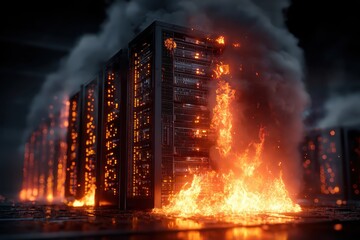 Burning server racks in a dark data center with smoke and bright orange flames. Visualize data loss, cyber attack, hardware failure, or digital security risk.