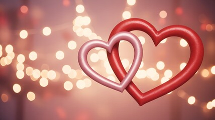 Two intertwined heart shapes in red and pink against a warm bokeh light background