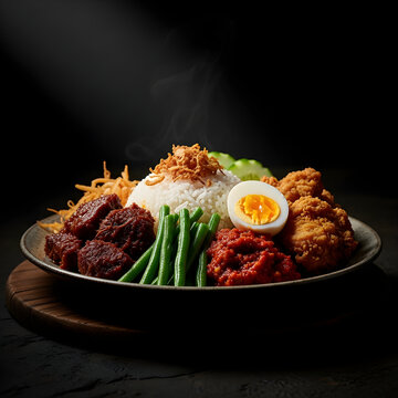 Spicy Indonesian Malaysian Nasi Lemak Rice Rendang Chicken Sambal Egg
