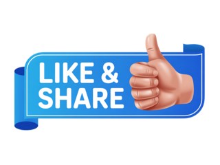 Blue Ribbon Banner with Thumbs Up and Like Share Text hand gesture