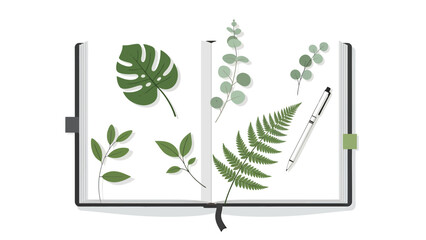 Modern journal with green leaves and pen on white background