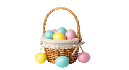 Woven Easter basket filled with pastel colored eggs and some scattered around isolated on a transparent background