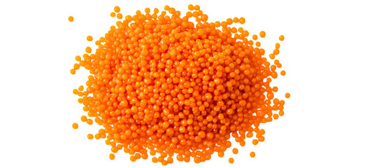 A dense cluster of bright orange caviar beads forming a spherical shape with a textured surface isolated on a transparent background
