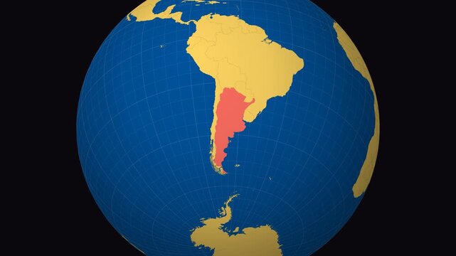 Argentina on Globe. Animated zoom into the country in Ocean Blue Golden Yellow color palette. Argentina logo animation. Map with meridians, parallels. Authentic video.