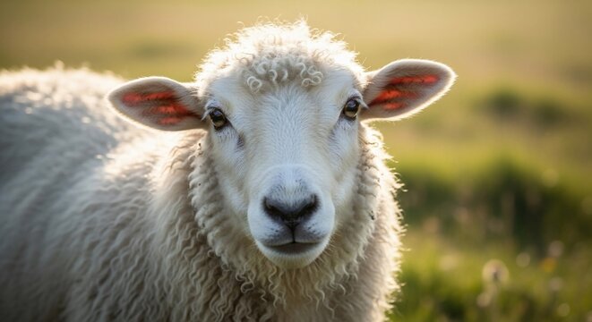Close-up Portrait of White Sheep Grazing. - Powered by Adobe