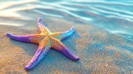 A vibrant starfish with a rainbow-colored pattern rests on a sandy beach, surrounded by gentle waves.