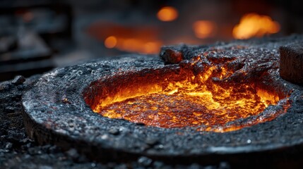 Molten metal in a crucible, heat radiating. Use in industry reports or for dramatic backgrounds.