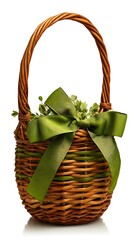 Charming wicker basket with green ribbon and natural foliage