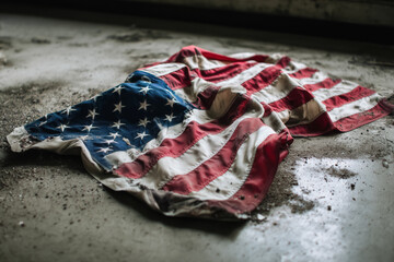 Torn flag of the united states laying on the ground